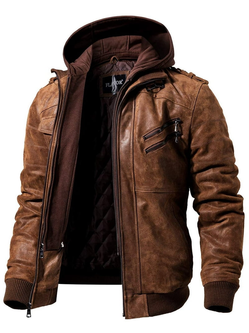 FLAVOR Mens Brown Real Leather Jacket with Removable Hood