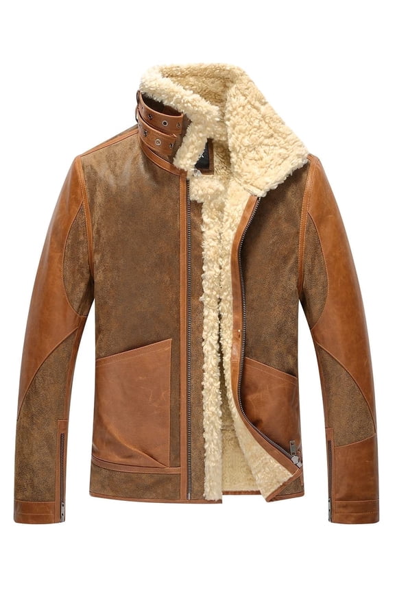 Mens Leather Bomber Jacket Warm Piolt Winter Shearling Jackets Aviator Coat (Large, Brown)