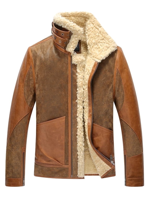 Mens Leather Bomber Jacket Warm Piolt Winter Shearling Jackets Aviator Coat (X-Large, Brown)