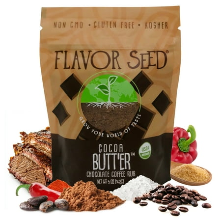Flavor Seed Cocoa Butt'Er Organic Chocolate Coffee Brisket Rub & Butt Rub Seasoning. Gourmet Spice Mix for Cooking, Grilling & BBQ. Preservative Free, Non GMO, 5 oz Resealable Pouch