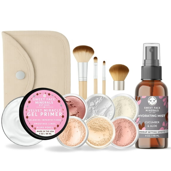 FLAWLESS COMPLEXION KIT (PINK BISQUE) Full Size Mineral Makeup Set Matte Foundation Bare Face Sheer Powder Cover