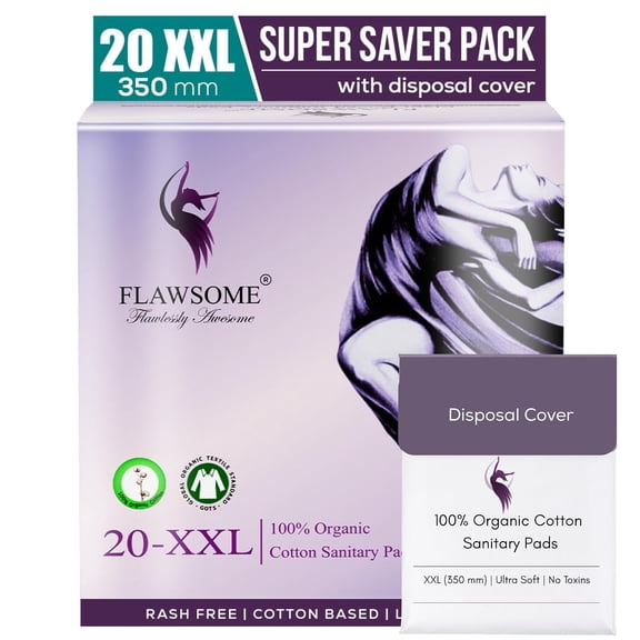 FLAWSOME Ultra-Soft Sanitary Pads for Women & Girls | XXL Pads (Heavy Flow) | | Pure Organic Cotton Sanitary Napkins with Free Disposable Pouches | No Fragrance | No Toxic-Chemicals (XX