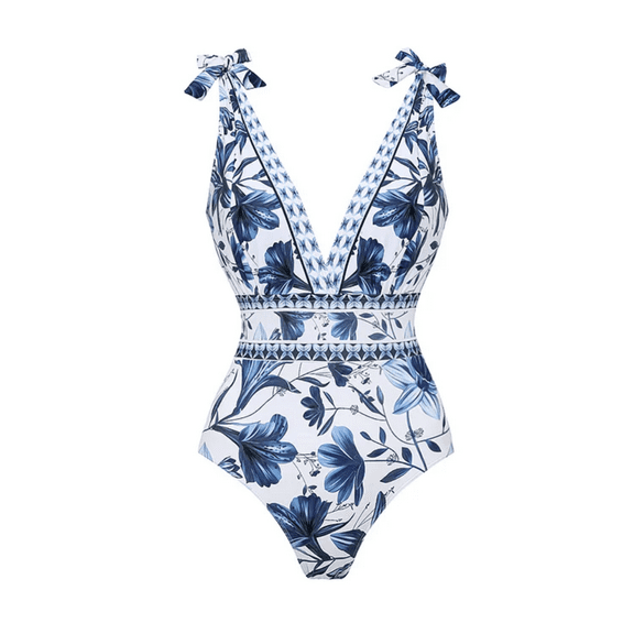 FLAXMAKER Blue and White Adjustable Shoulder Strip Plant Prints One Piece Swimsuit and Skirt/Sarong