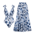 thumbnail image 1 of FLAXMAKER Blue and White Adjustable Shoulder Strip Plant Prints One Piece Swimsuit and Skirt/Sarong, 1 of 8