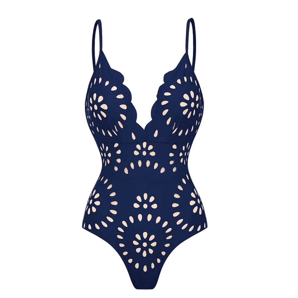 FLAXMAKER Women One Piece Deep V 3D Flower Rose Decor Mesh