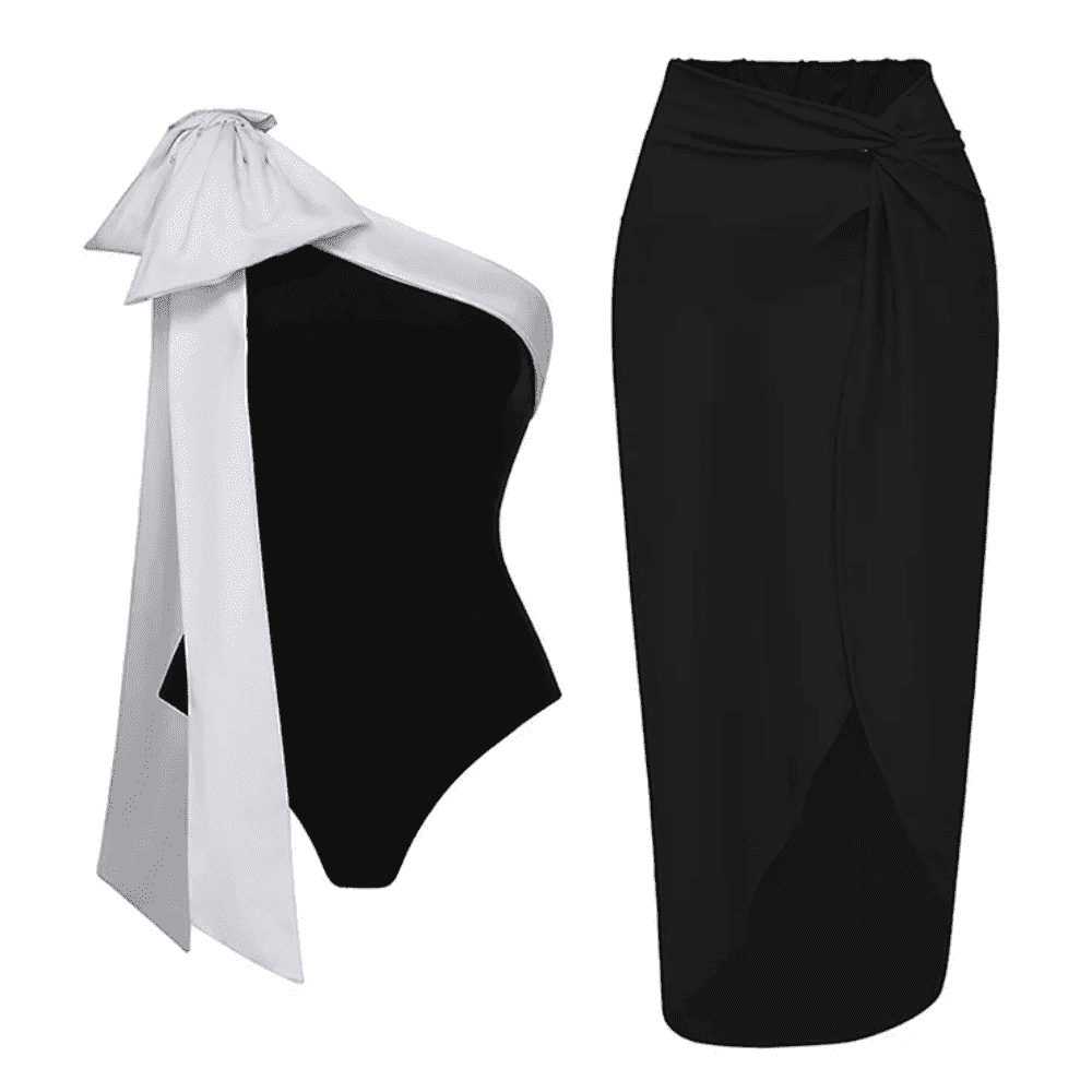 FLAXMAKER One Shoulder Black and White Big Bow Tie Color Block One ...