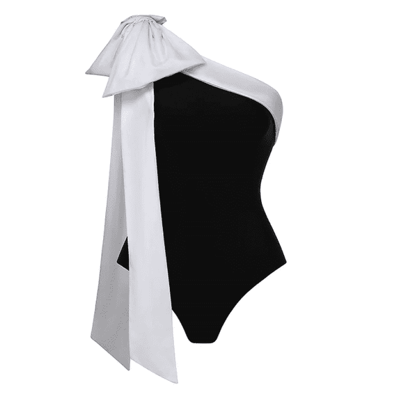 FLAXMAKER One Shoulder Black and White Big Bow Tie Color Block One Piece Swimsuit and Skirt