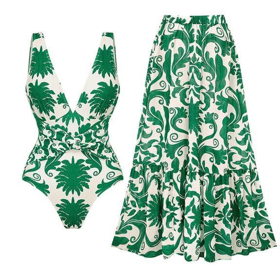 FLAXMAKER Women's Bathing Suit Printed Wrap Tummy Control One Piece V Neck Crisscross Swimsuit and Skirt