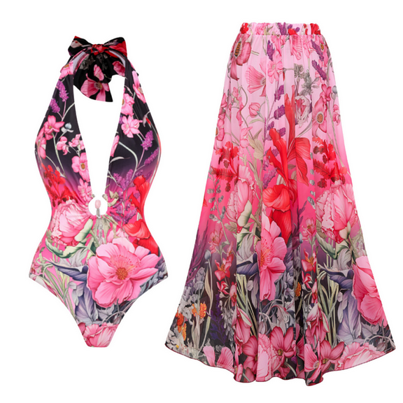 FLAXMAKER Women's Lace-up Neck Deep V Neck Strapless Printed One-Piece Swimsuit and Sarong/Skirt