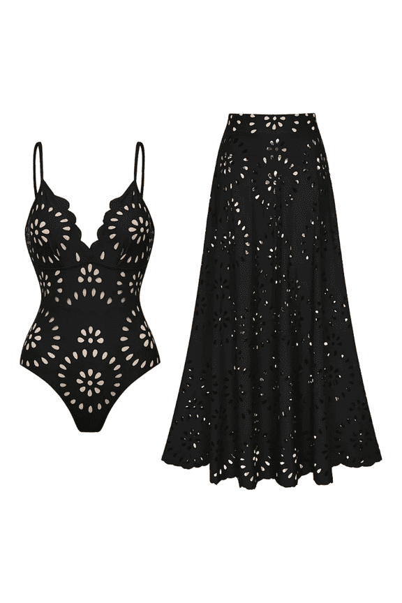 Women's One Piece Bathing Suit Petal Hollow V Neck Swimsuit and Skirt