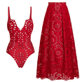 thumbnail image 1 of FLAXMAKER Women's One Piece Bathing Suit Red Petal Hollow V Neck Swimsuit and Skirt, 1 of 6