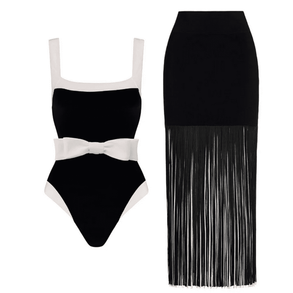 FLAXMAKER Women's One Piece Bow Belted Black and White One Piece ...