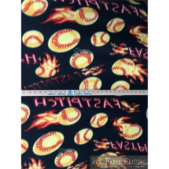 FLEECE PRINTED *FAST PITCH BASEBALL BLACK* FABRIC / BY THE YARD