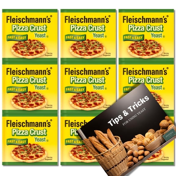 FLEISCHMANNS Pizza Crust Yeast Bundle: 9 Single-Use Quarter-Ounce Packets with Expert Baking Guide from Zentious - Premium Active Dry Yeast for Perfect Pizza Dough, Gluten-Free and Kosher