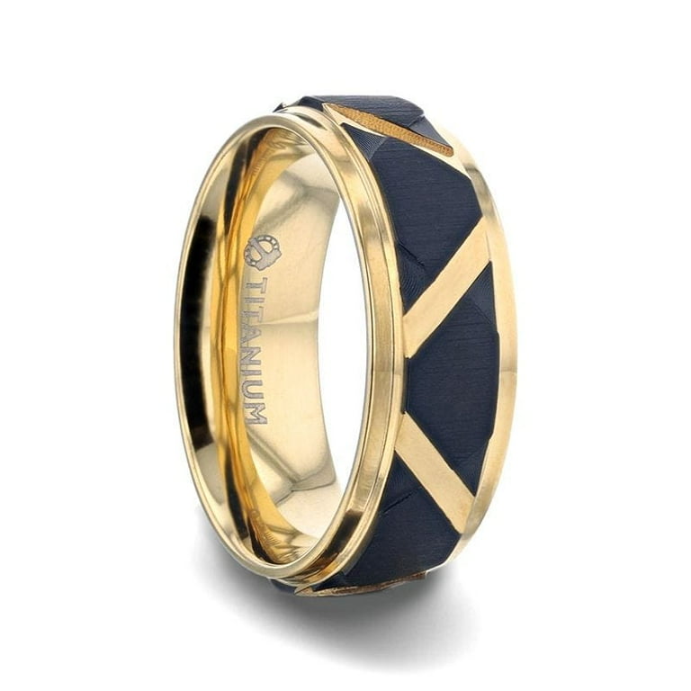 Thorsten FLEMING Yellow Gold Plated Flat Polished Step Edged Titanium Men's Wedding Band With Matte Black Raised Horizontal Etches and Gold-Plated Diagonal-Shape Cut Inlay - 8mm Thorsten FLEMING Yellow Gold Plated Flat Polished Step Edged Titanium Men's Wedding Band With Matte Black Raised Horizontal Etches and Gold-Plated Diagonal-Shape Cut Inlay - 8mm