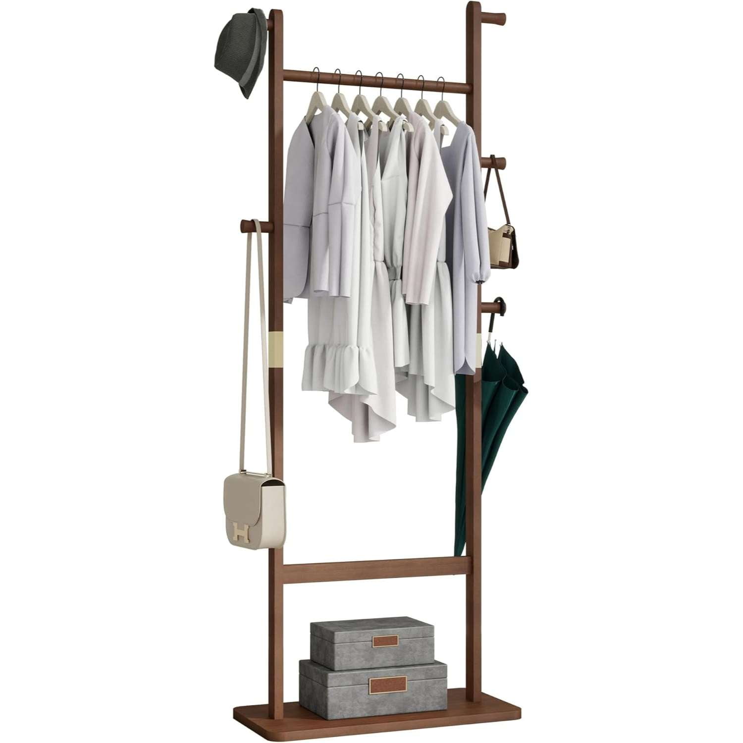 Walnut Solid Wood Freestanding Coat Rack with Shelves and Hooks