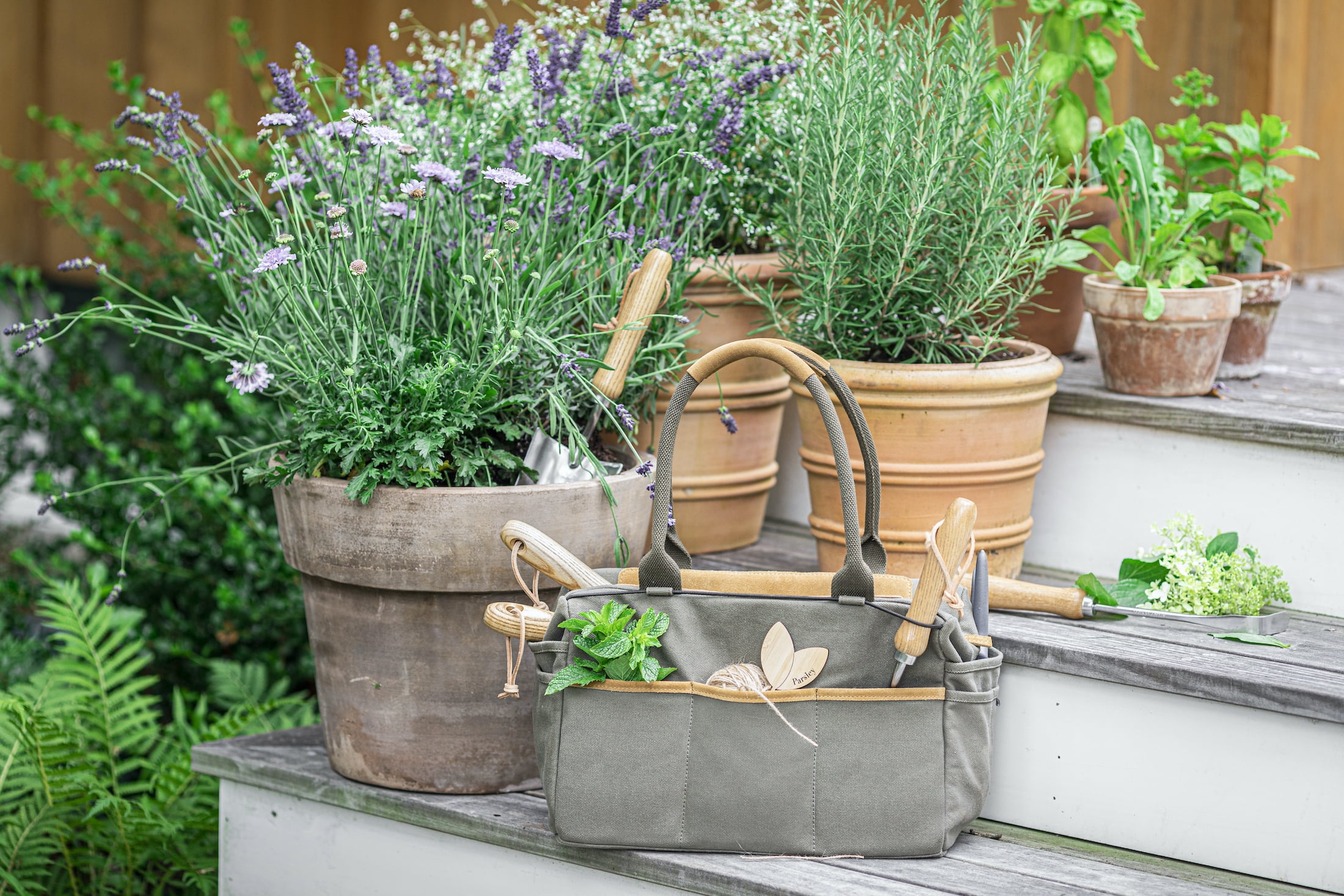FLEUR DU BIEN 6 Piece Stainless Steel Heavy Duty Garden Tools Set, with Ash Wood Handle and Non-Slip Rubber Grip Pruner, Premium Canvas and Leather Storage Tote Bag, Outdoor Hand Tools, Garden Gift
