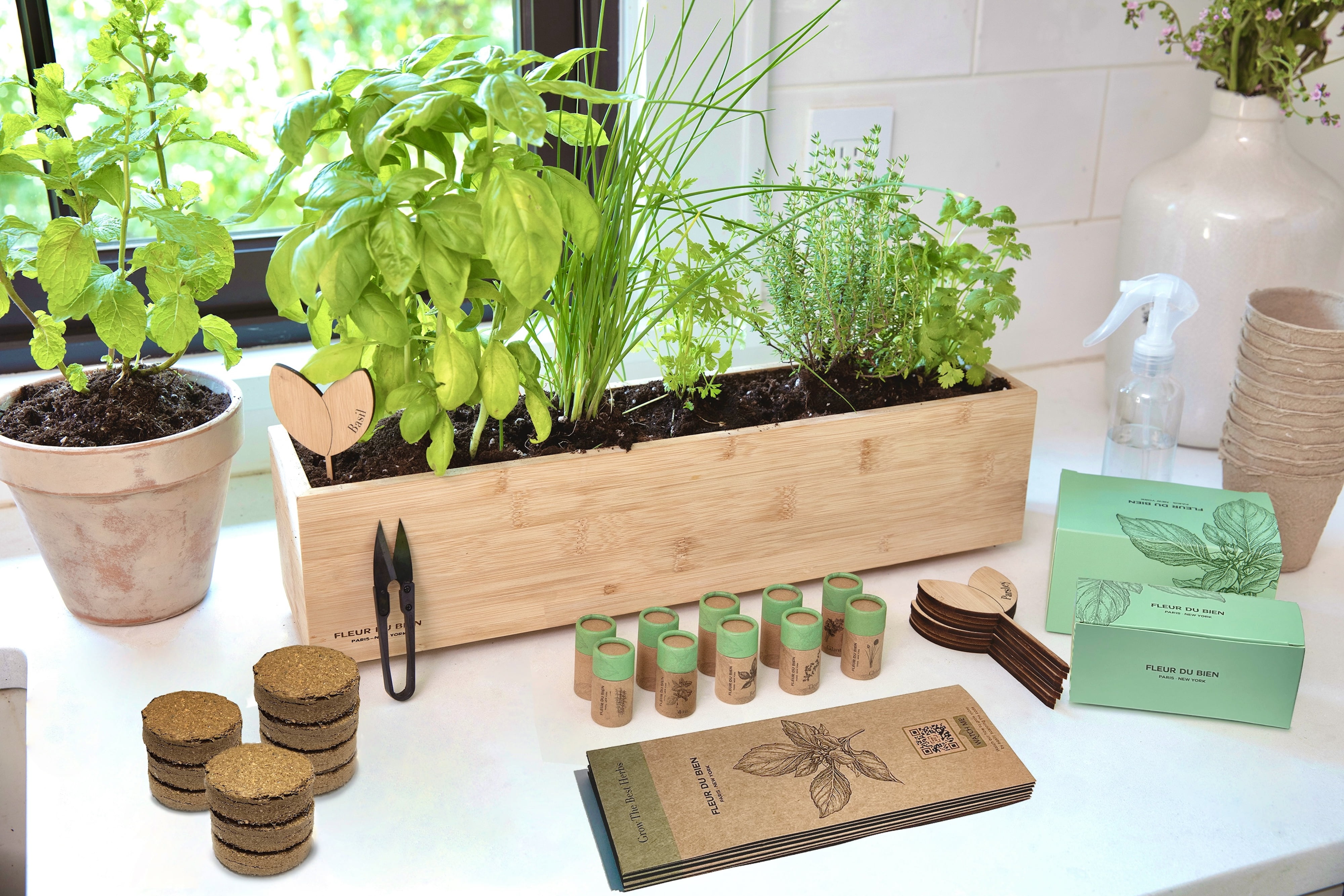 FLEUR DU BIEN Indoor Herb Garden Seed Kit + Planter, 10 Herb Seed Packs Organic : Basil Thyme Parsley Cilantro Mint Oregano other Seed, Window Gardening Set, Complete Herb Garden Kit, DIY Grow Kits