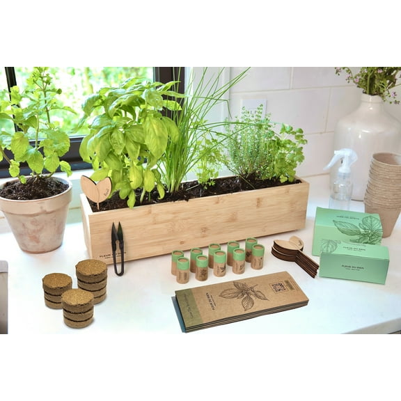 FLEUR DU BIEN Indoor Herb Garden Seed Kit + Planter, 10 Herb Seed Packs Organic : Basil Thyme Parsley Cilantro Mint Oregano other Seed, Window Gardening Set, Complete Herb Garden Kit, DIY Grow Kits