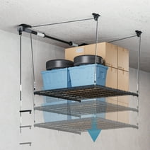FLEXIMOUNTS 4X4 ft Ceiling Garage Lifting Storage Rack, Up to 300 Lbs, Height Adjustable Overhead Garage Rack, Black