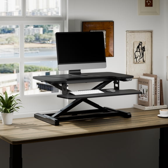 FLEXISPOT 32" Motorized Standing Desk Converter, Electric Stand up Desk Riser, Sit to Stand Dual Monitor and Laptop Workstation with Wide Keyboard Tray, Black