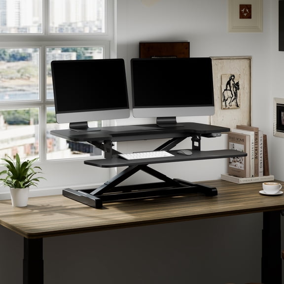 FLEXISPOT 35'' Electric Standing Desk Converter, Motorized Stand up Desk Riser, Monitor and Laptop Workstation with Wide Keyboard Tray, Black