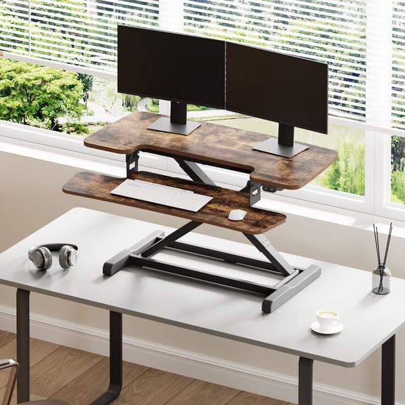 FLEXISPOT 35'' Electric Standing Desk Converter, Motorized Stand up Desk Riser, Monitor and Laptop Workstation with Wide Keyboard Tray, Rustic