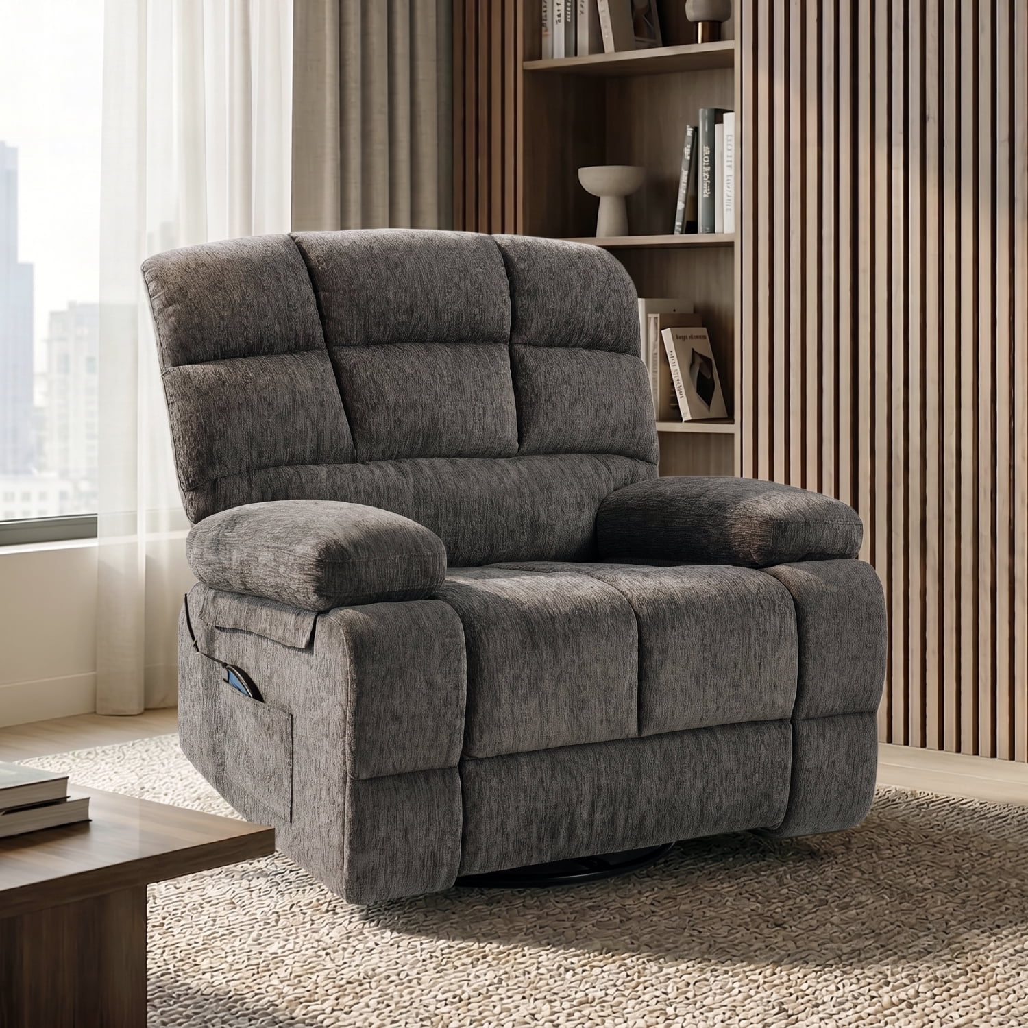 FitStand Swivel Rocker Recliner Chair with USB Port, Heat and Massage, 24.4" Wide Seat Chenille Oversized Recliner, Gray