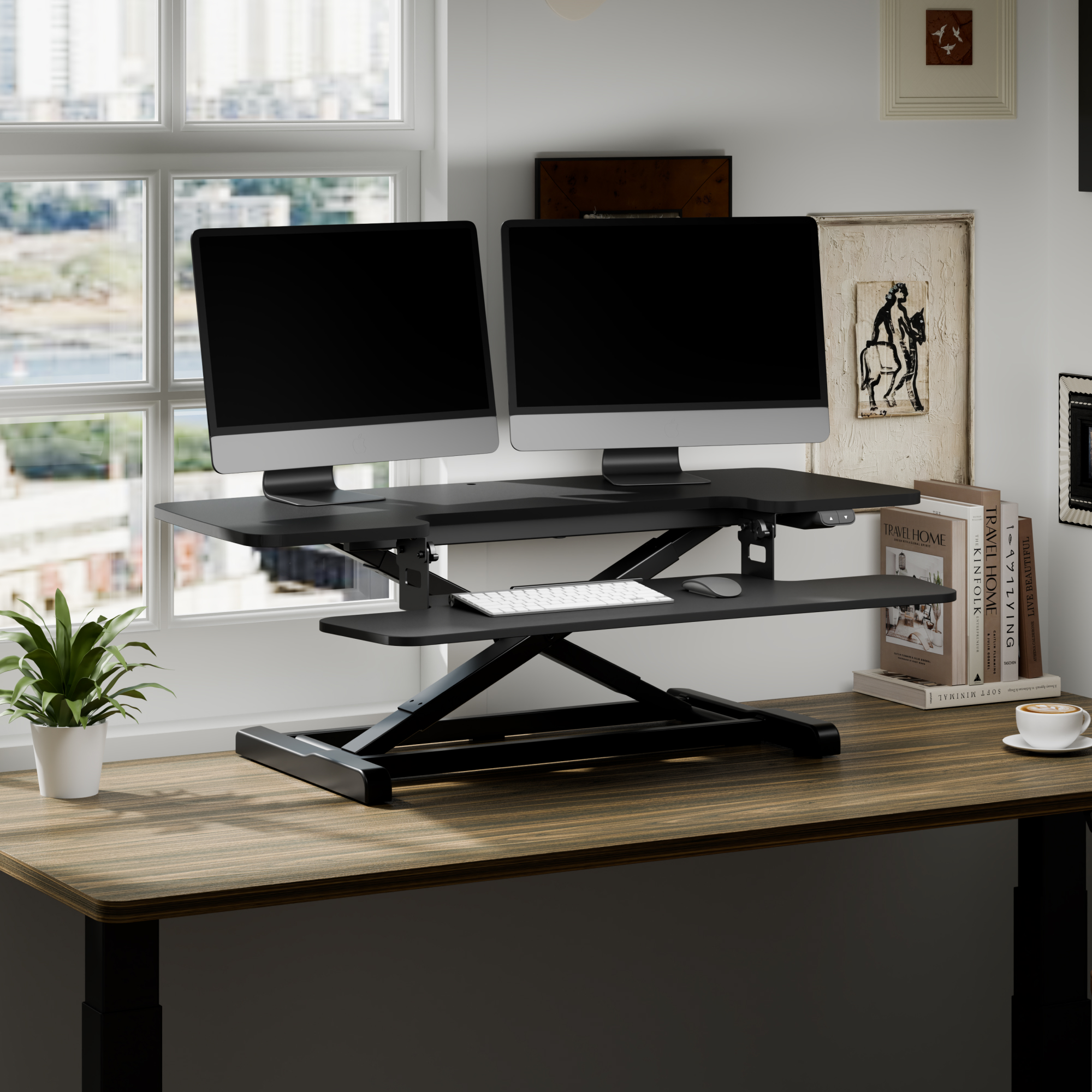 FLEXISPOT 40" Electric Standing Desk Converter, Height Adjustable Riser, Sit to Stand Monitor and Laptop Workstation with Wide Keyboard Tray, Black