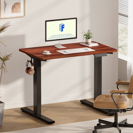 FLEXISPOT 40"x24" Home Office Height Adjustable Standing Desk with Hooks, Ergonomic Electric 2-Stage Stand Up Computer Desk, Black and Mahogany