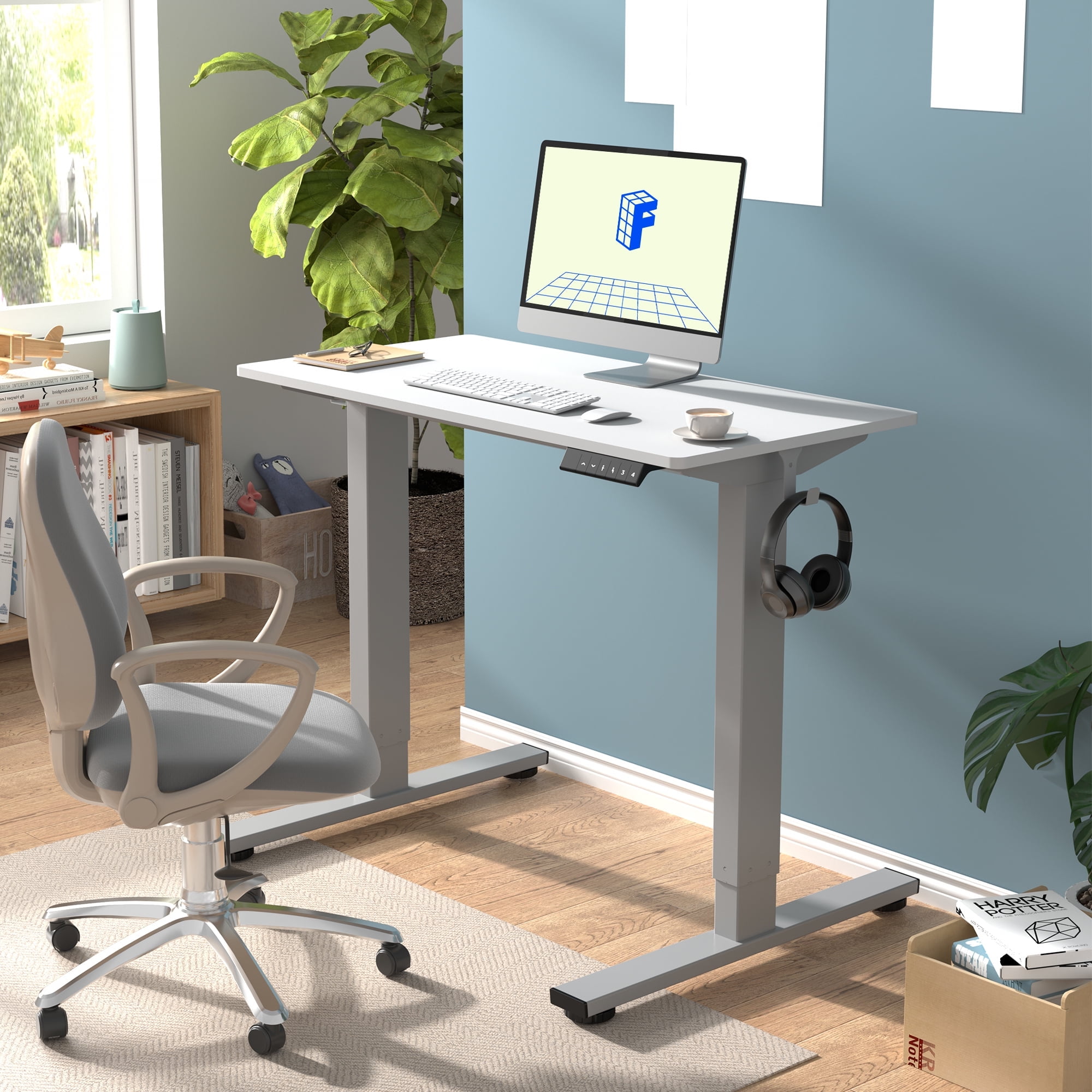 FLEXISPOT 40"x24" Home Office Height Adjustable Standing Desk with Hooks, Ergonomic Electric 2-Stage Stand Up Computer Desk, Gray and White