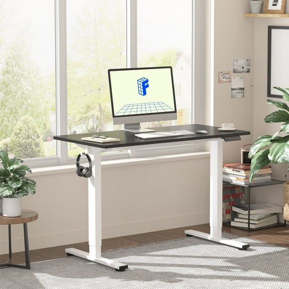 FLEXISPOT 40"x24" Height Adjustable Electric Standing Desk with 1" Thick Desktop, 4 Memory Presets & Dual Hooks, Ergonomic 2-Stage Home Office Computer Desk, White & Mahogany