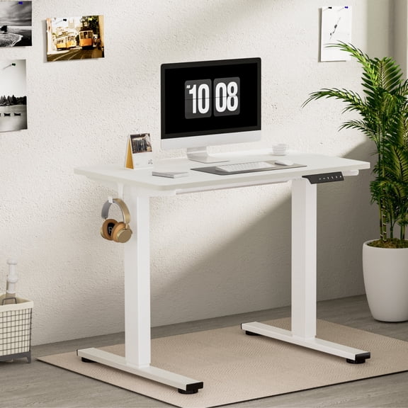 FitStand Adjustable Standing Desk 40"x24", One-Piece Desktop Electric Sit Stand Desk with 176lbs Load, 4 Memory Heights & 2 Hooks for Home Office, White