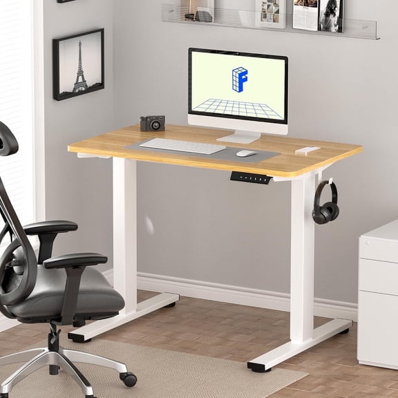 FitStand Adjustable Standing Desk 40"x24", One-Piece Desktop Electric Sit Stand Desk with 176lbs Load, 4 Memory Heights & 2 Hooks for Home Office, Maple