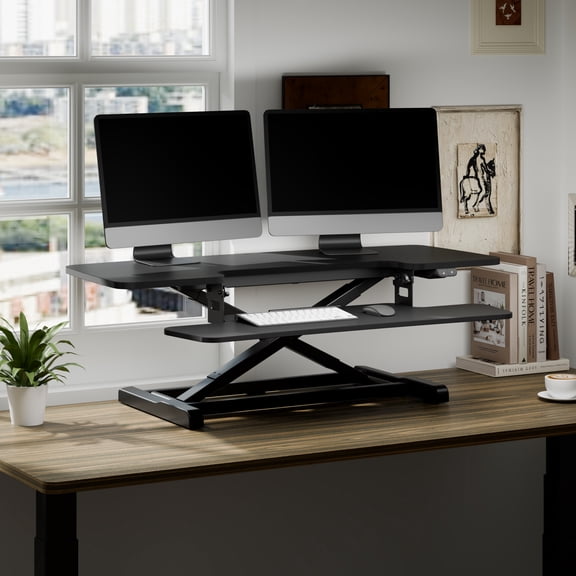 FLEXISPOT 42'' Electric Motor Desk Converter, Height Adjustable Motorized Stand up Desk Riser with Quick Release Keyboard Tray, Black Monitors and Laptop Workstation