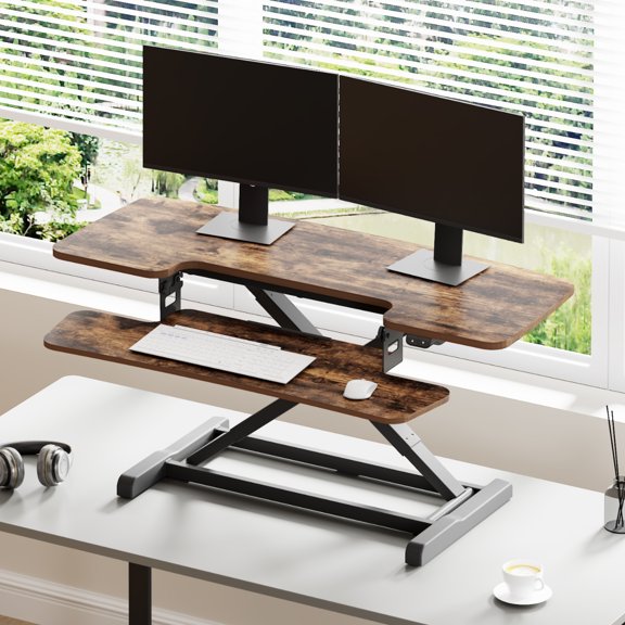 FLEXISPOT 42'' Electric Motor Desk Converter, Height Adjustable Motorized Stand up Desk Riser with Quick Release Keyboard Tray, Rustic Monitors and Laptop Workstation