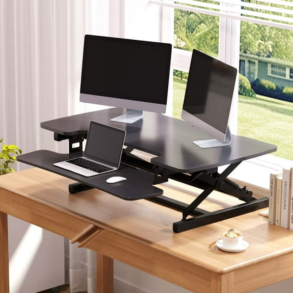 FLEXISPOT 42" Height Adjustable Stand Up Desk Converter - Smooth & Effortless Lift, Compatible with Dual Monitor Mount, Removable Keyboard Tray - Sit to Stand Riser, Black