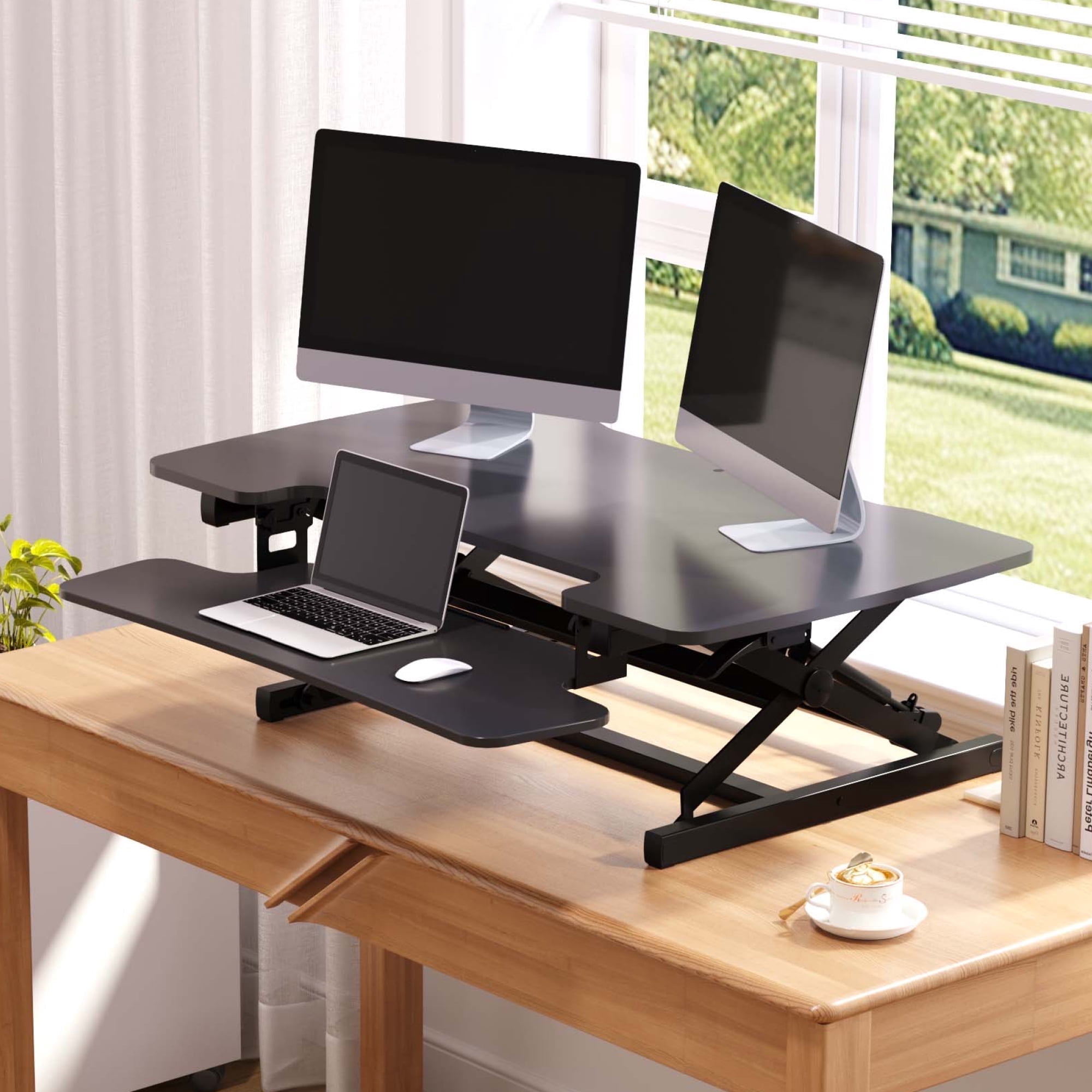 FitStand 42" Height Adjustable Stand Up Desk Converter - Smooth & Effortless Lift, Compatible with Dual Monitor Mount, Removable Keyboard Tray - Sit to Stand Riser, Black