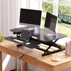 FitStand 42" Height Adjustable Stand Up Desk Converter - Smooth & Effortless Lift, Compatible with Dual Monitor Mount, Removable Keyboard Tray - Sit to Stand Riser, Black