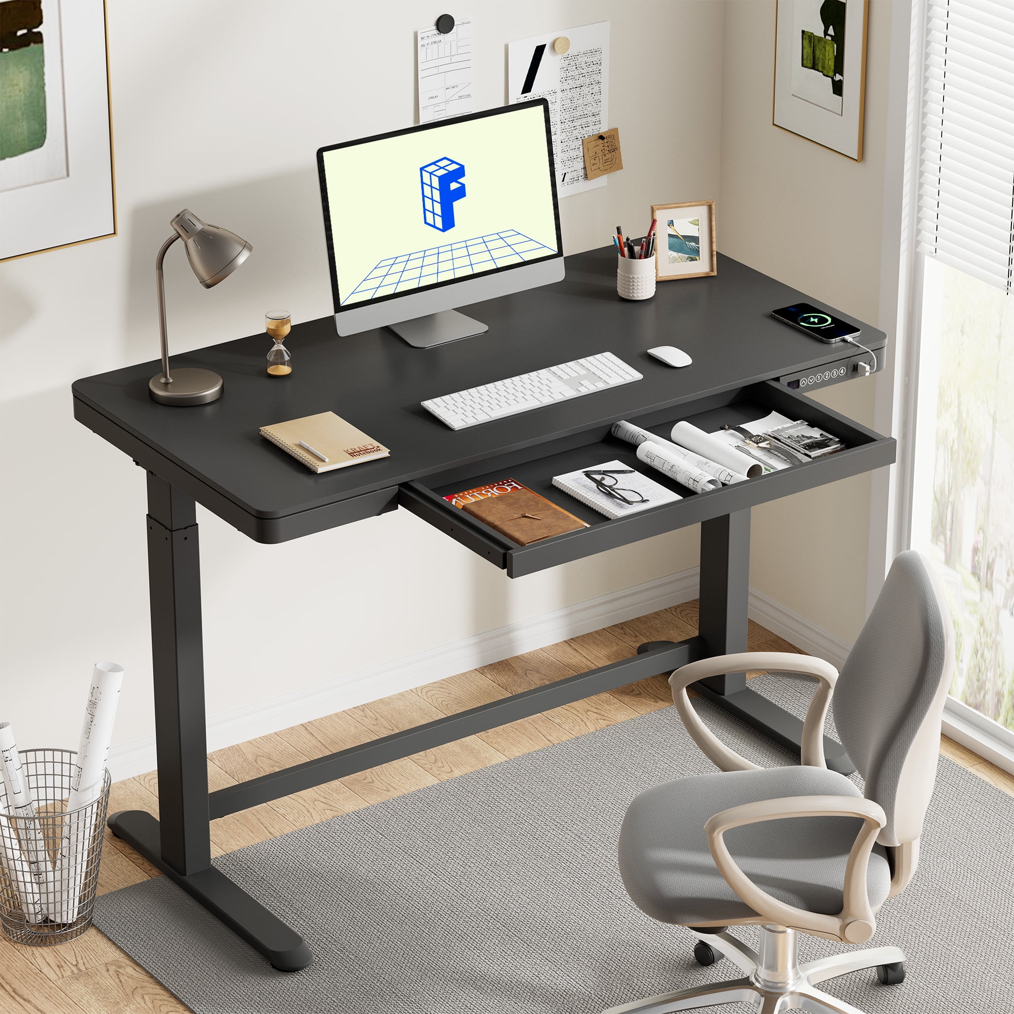 FLEXISPOT Standing Desk 48 x 30 Inches Height Adjustable Electric Sit Stand  Home Office Desks Whole Piece Desk Board (Black Frame + Black top,2