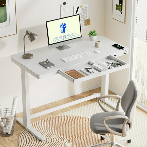 FLEXISPOT 48" W Home Office Height Adjustable Standing Desk White Chipboard Top with USB Charge Ports, Drawer