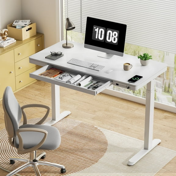 FLEXISPOT 48" W Home Office Height Adjustable Standing Desk White Chipboard Top with USB Charge Ports, Drawer