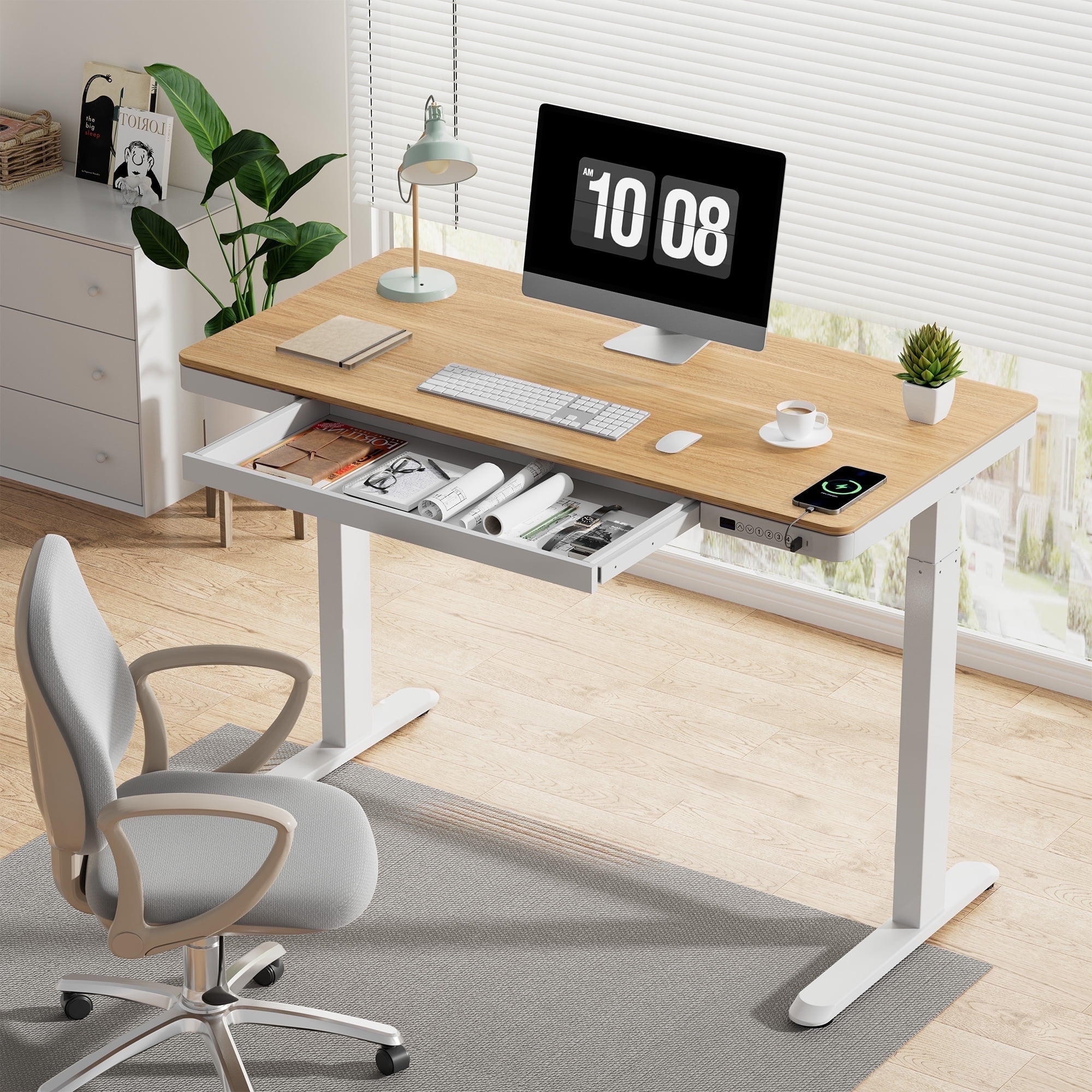 FLEXISPOT 48" W Home Office Height Adjustable Standing Desk White and Maple with USB Charge Ports and Embedded Drawer