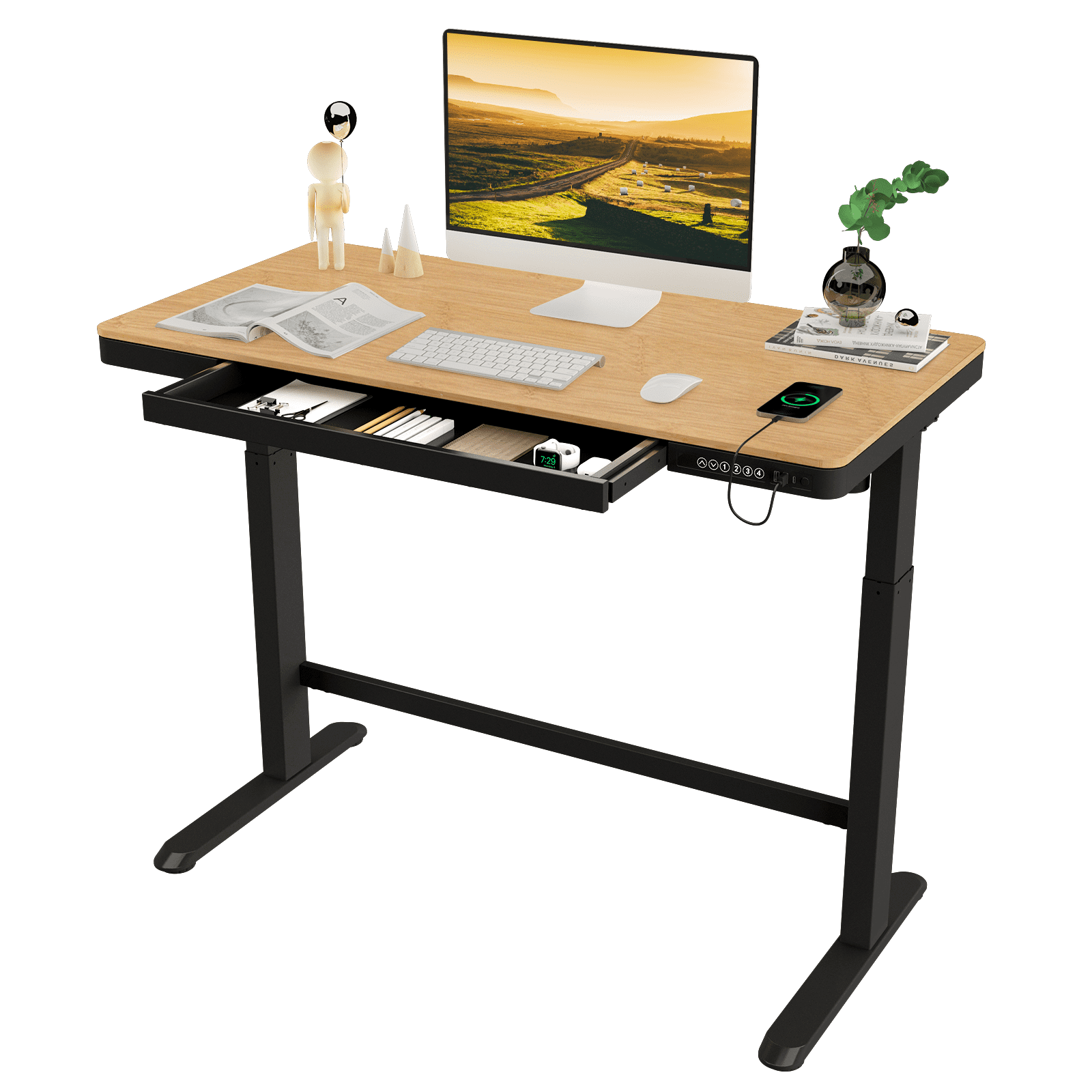 FlexiSpot E7 Bamboo Standing Desk - Stylish and Functional | 55×28 inch Bamboo Desktop & Black Frame | Stand Up Desk for Home Office