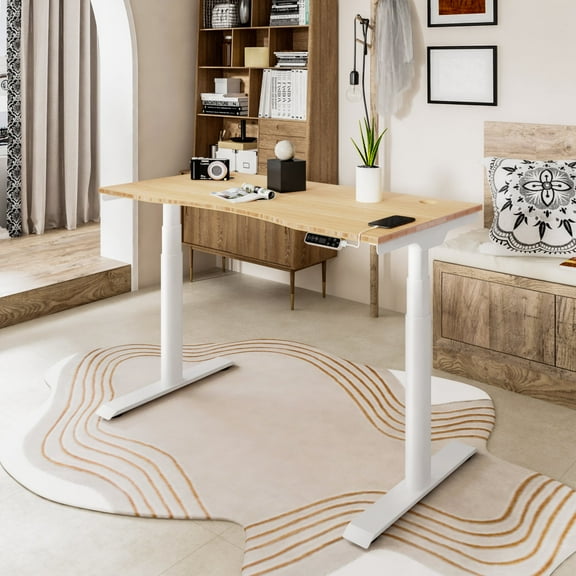 FLEXISPOT 48"x24" E7Pro 3-Stage Height Adjustable Standing Desk Ergonomic Home Office Sit Stand Desk with USB Port, Dual Motor Bamboo Curved Desktop White Oval Frame