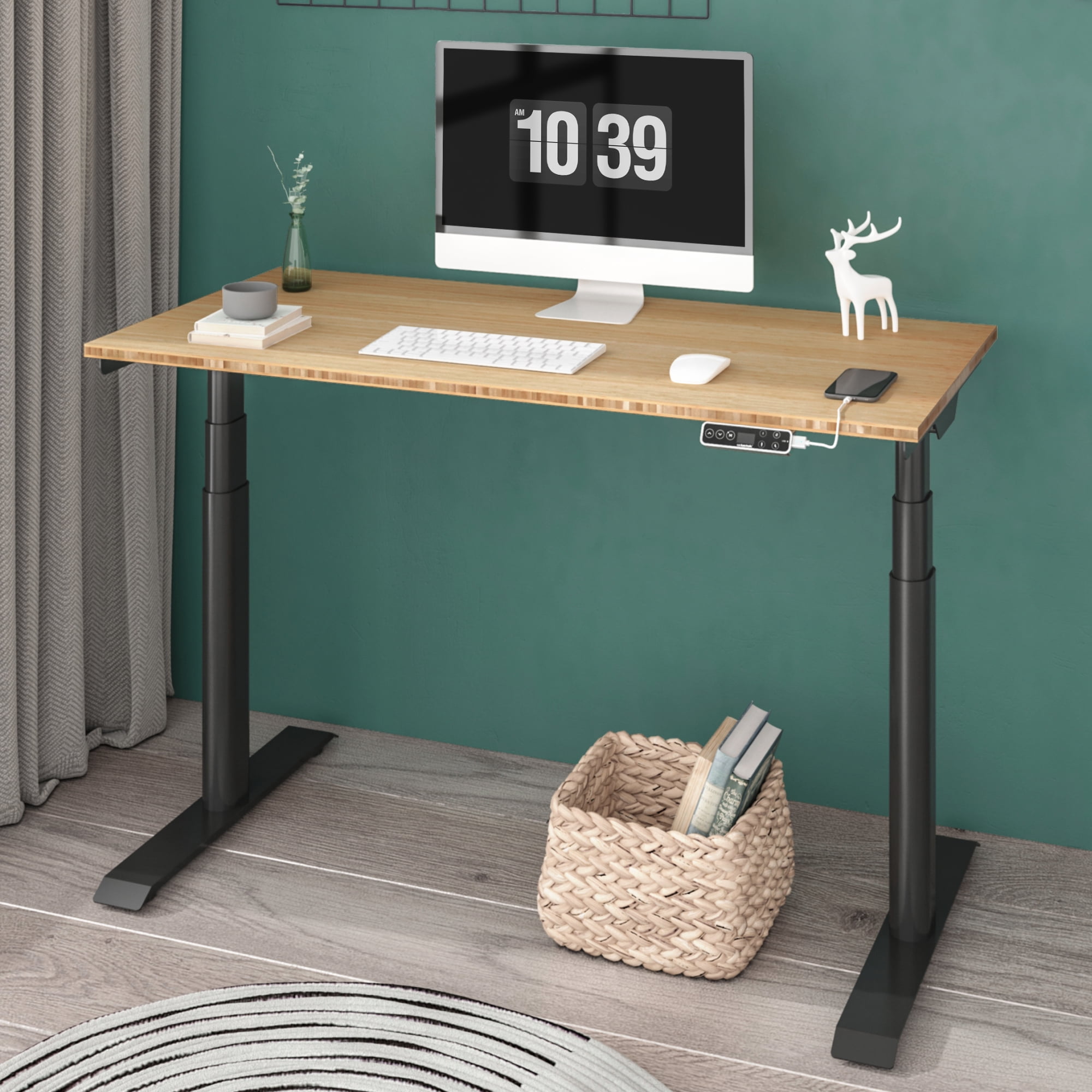 FLEXISPOT 48"x24" Dual Motors 3-Stage Height Adjustable Standing Desk Ergonomic Home Office Sit Stand Desk with USB Port, Bamboo Rectangle Desktop Black Oval Frame