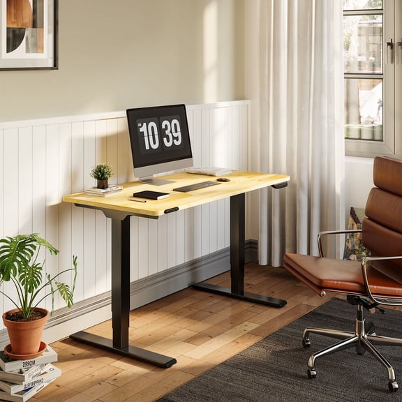FLEXISPOT E6 48"x24" Dual Motors 3-Stage Standing Desk Solid Wood Home Office Height Adjustable Desk with Wheels, Solid Rubber Wood Desktop and Black Frame