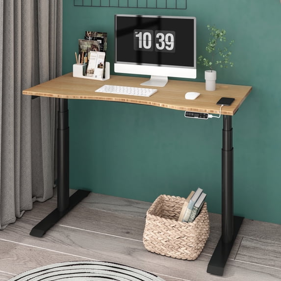 FLEXISPOT 48"x24" Dual Motors 3-Stage Height Adjustable Standing Desk Ergonomic Home Office Sit Stand Desk with USB Port, Bamboo Curved Desktop Black Oval Frame