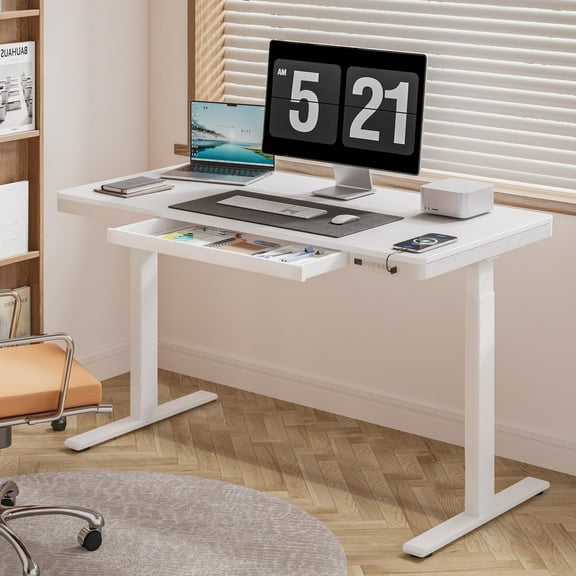 FLEXISPOT 55" W Home Office Height Adjustable Standing Desk White Chipboard Top with USB Charge Ports, Drawer