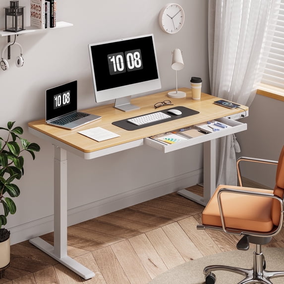 FLEXISPOT 55" W Home Office Height Adjustable Standing Desk White and Maple with USB Charge Ports and Embedded Drawer